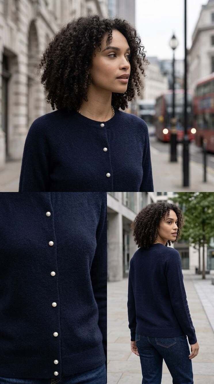 Black Cashmere Cardigan Sweater with Pearl Buttons Round Neck